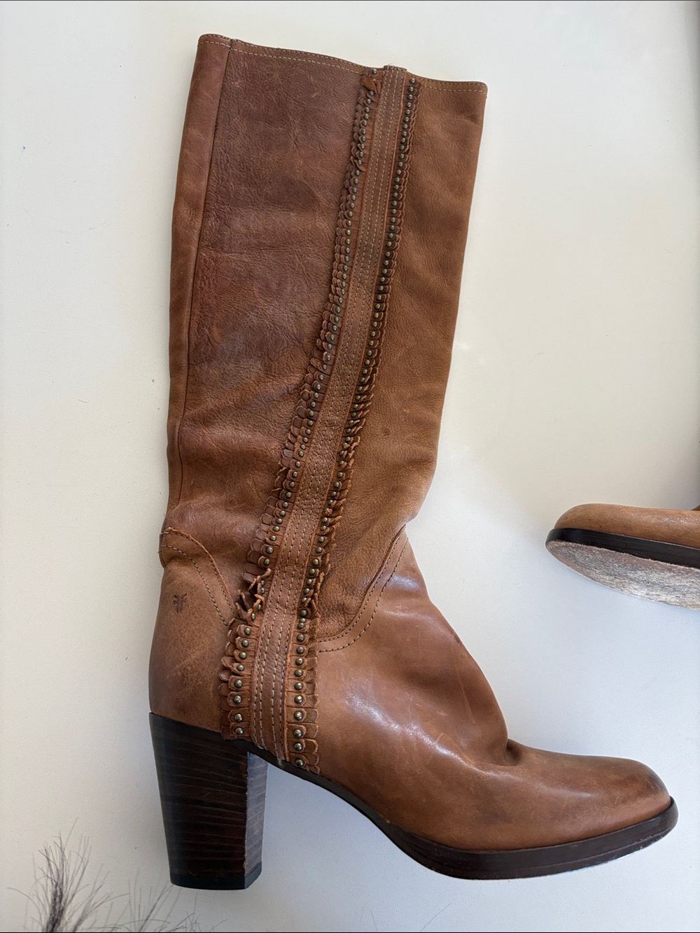 Frye Cognac Brown Scallop Studded Trim Leather Knee High Boots - Picture 9 of 17